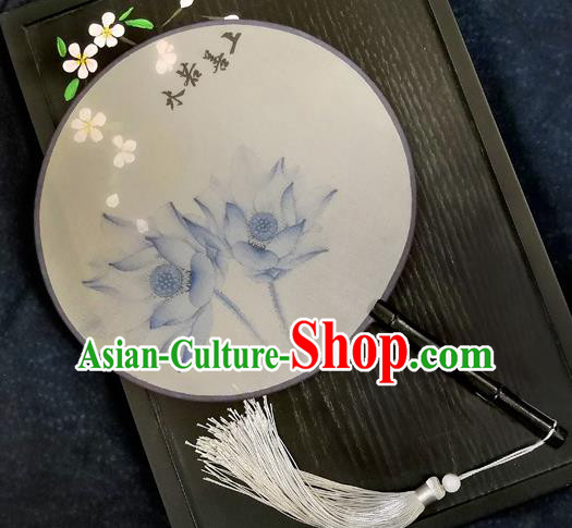 Chinese Traditional Printing Blue Lotus Silk Round Fans Classical Hanfu Palace Fans for Women