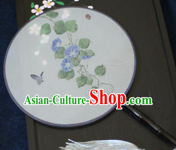 Chinese Traditional Printing Blue Petunia Silk Round Fans Classical Hanfu Palace Fans for Women