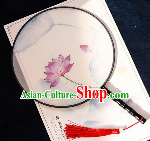 Chinese Traditional Printing Lotus Silk Round Fans Handmade Classical Palace Fans for Women