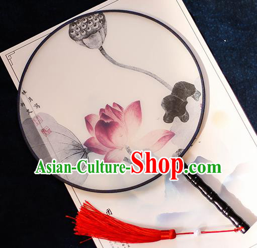 Chinese Traditional Printing Red Lotus Silk Round Fans Handmade Classical Palace Fans for Women