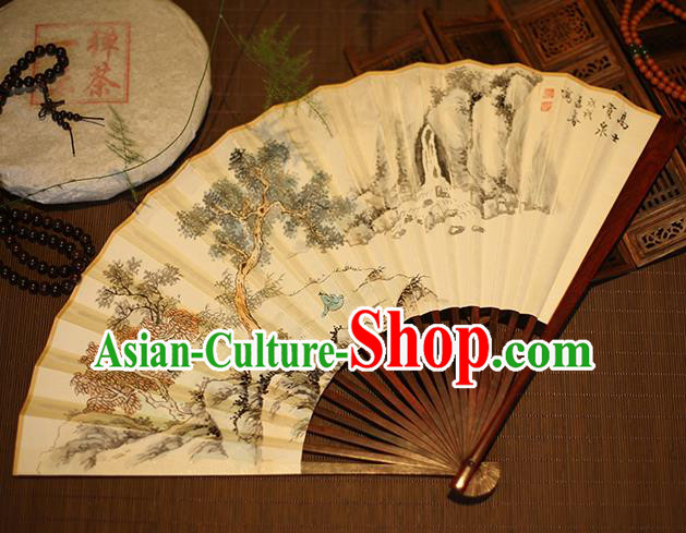 Chinese Traditional Handmade Printing Pine Xuan Paper Fans Classical Rosewood Folding Fans for Men