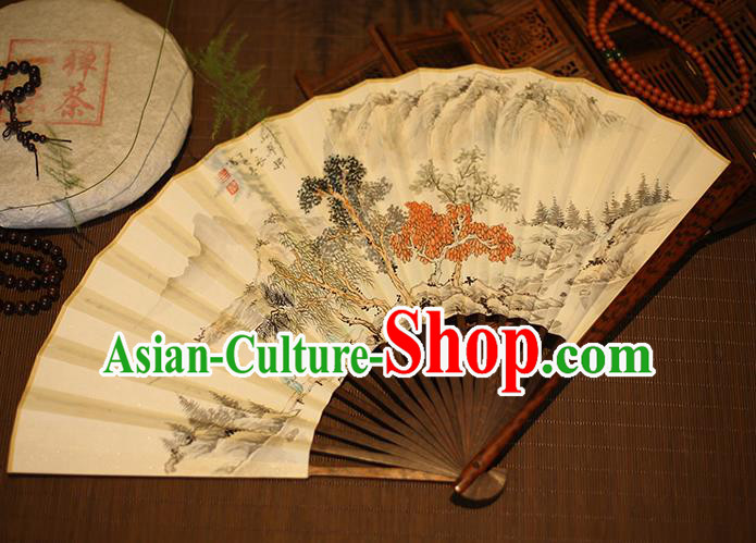 Chinese Traditional Handmade Printing Landscape Xuan Paper Fans Classical Rosewood Folding Fans for Men