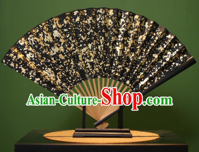 Chinese Traditional Handmade Golden Sequins Black Xuan Paper Fans Classical Folding Fans for Men