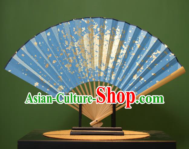 Chinese Traditional Handmade Blue Xuan Paper Fans Classical Sequins Folding Fans for Men