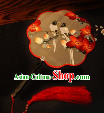Handmade Chinese Traditional Embroidered Red Flowers Silk Fans Classical Palace Fans for Women