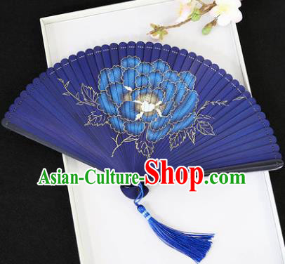 Chinese Handmade Printing Peony Blue Bamboo Fans Classical Accordion Traditional Folding Fans for Women