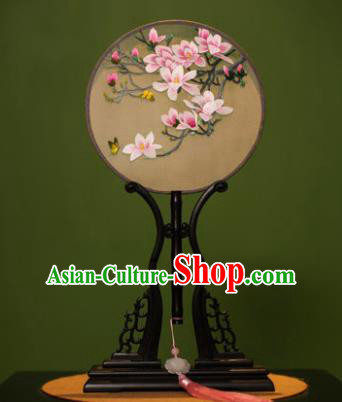 Handmade Chinese Double Side Silk Embroidered Magnolia Round Fan Traditional Classical Palace Fans for Women