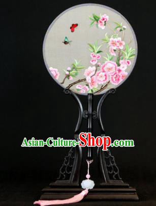 Handmade Chinese Double Side Silk Embroidered Peach Flowers Round Fan Traditional Classical Palace Fans for Women