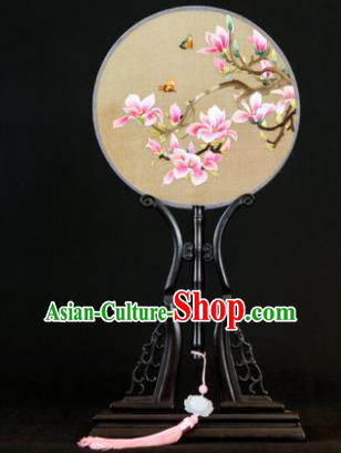 Handmade Chinese Double Side Silk Embroidered Pink Magnolia Round Fan Traditional Classical Palace Fans for Women