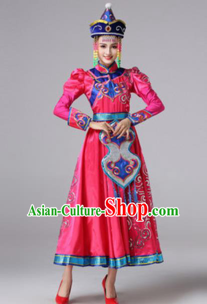 Chinese Traditional Ethnic Princess Costume Mongolian Nationality Folk Dance Rosy Dress for Women