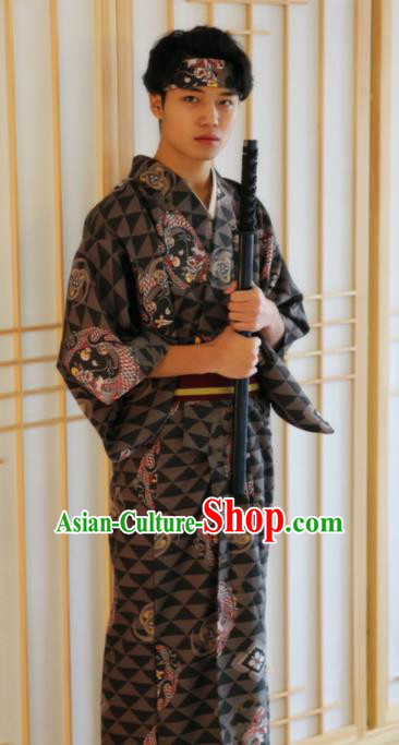 Japanese Traditional Samurai Printing Dragons Black Kimono Robe Asian Japan Handmade Warrior Yukata Costume for Men