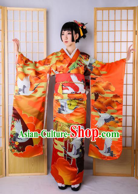 Japanese Traditional Handmade Wedding Red Furisode Kimono Dress Asian Japan Geisha Yukata Costume for Women