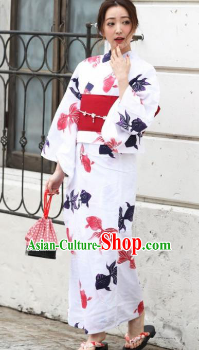 Japanese Traditional Handmade Printing Goldfish Kimono Dress Asian Japan Geisha Yukata Costume for Women