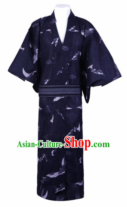 Japanese Traditional Samurai Printing Navy Blue Kimono Robe Asian Japan Handmade Warrior Yukata Costume for Men
