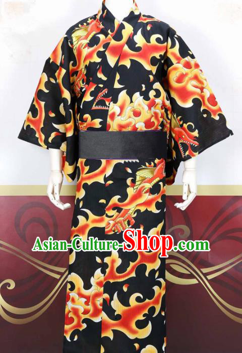 Japanese Traditional Samurai Court Black Kimono Robe Asian Japan Handmade Warrior Yukata Costume for Men
