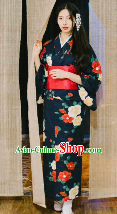 Handmade Japanese Geisha Printing Black Kimono Dress Asian Japan Traditional Yukata Costume for Women