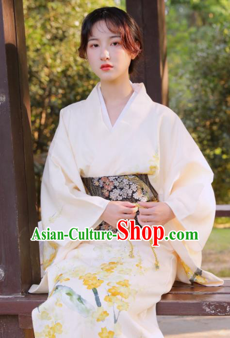 Handmade Japanese Geisha Printing Beige Furisode Kimono Dress Asian Japan Traditional Yukata Costume for Women