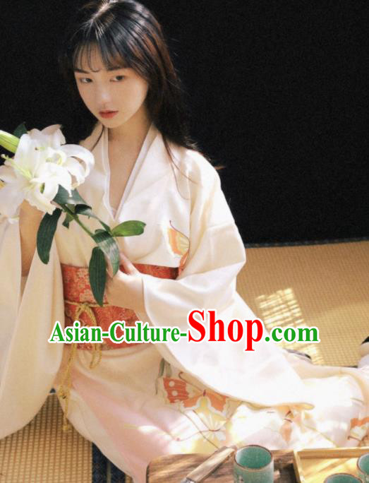 Handmade Japanese Geisha Printing White Furisode Kimono Dress Asian Japan Traditional Yukata Costume for Women