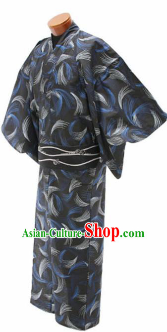 Japanese Traditional Handmade Printing Feather Black Kimono Asian Japan Yukata Costume for Men