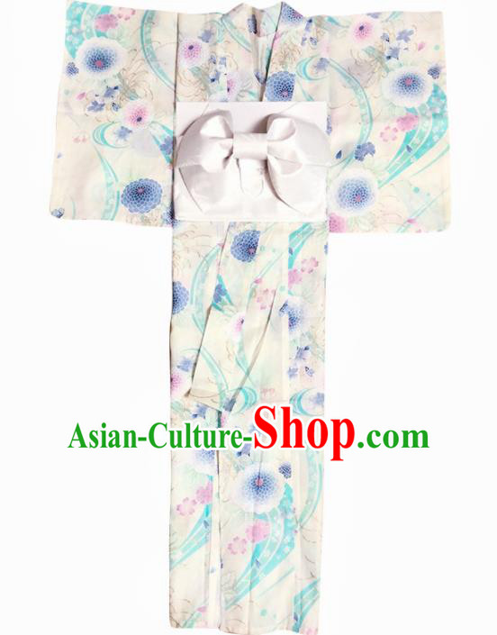 Handmade Japanese Geisha Printing Chrysanthemum White Furisode Kimono Dress Asian Japan Traditional Yukata Costume for Women