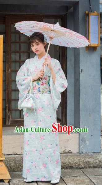 Handmade Japanese Traditional Costume Geisha Light Blue Furisode Kimono Dress Asian Japan Yukata for Women