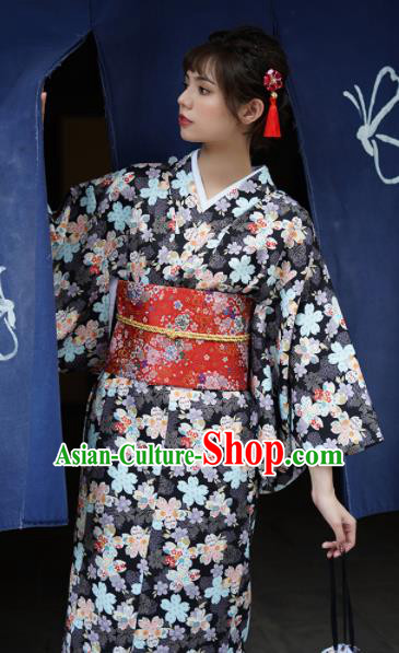 Handmade Japanese Traditional Costume Black Furisode Kimono Dress Asian Japan Yukata for Women