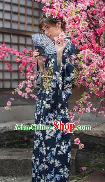 Handmade Japanese Traditional Costume Printing Navy Furisode Kimono Dress Asian Japan Yukata for Women