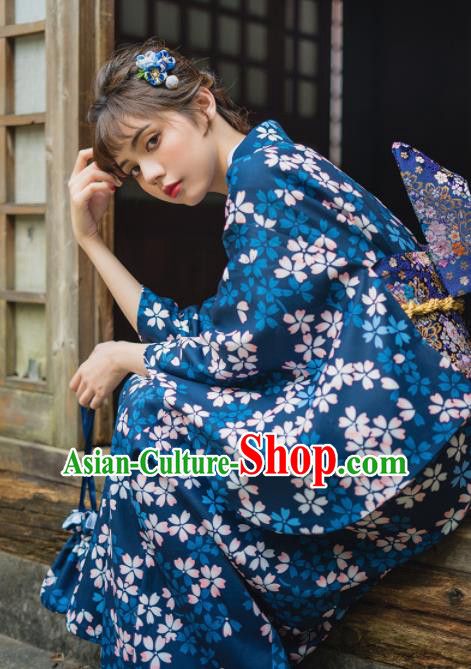 Handmade Japanese Traditional Costume Printing Sakura Blue Furisode Kimono Dress Asian Japan Yukata for Women