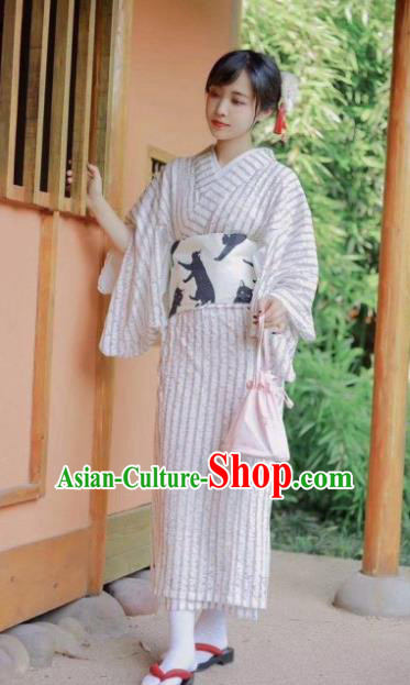 Japanese Traditional Costume White Linen Kimono Dress Asian Japan Yukata for Women