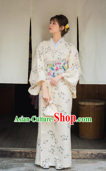 Handmade Japanese Traditional Costume Printing White Furisode Kimono Dress Asian Japan Yukata for Women
