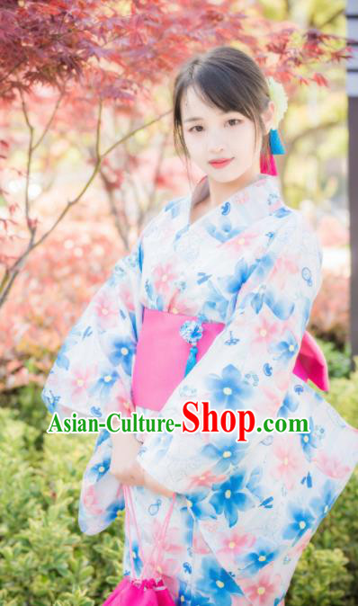 Japanese Traditional Costume Geisha Printing Blue Flowers Furisode Kimono Asian Japan Yukata Dress for Women