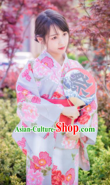 Japanese Traditional Costume Geisha Printing Peony Furisode Kimono Asian Japan Yukata Dress for Women