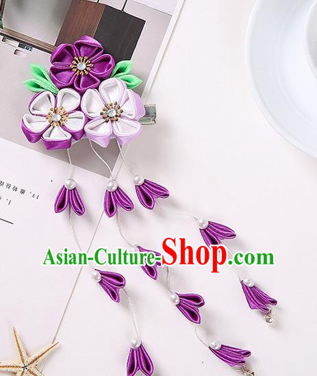 Japanese Traditional Kimono Hair Accessories Handmade Japan Geisha Purple Ribbon Tassel Hairpins for Women