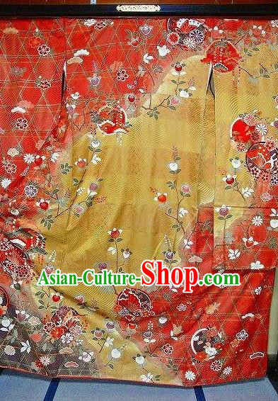 Japanese Traditional Costume Geisha Red Brocade Furisode Kimono Asian Japan Yukata Dress for Women