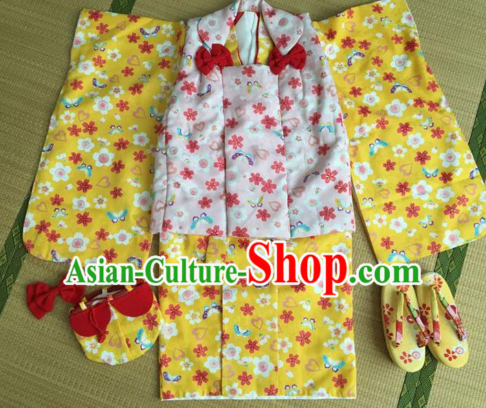 Japanese Traditional Handmade Yellow Kimono Dress Asian Japan Girls Yukata Costume for Kids