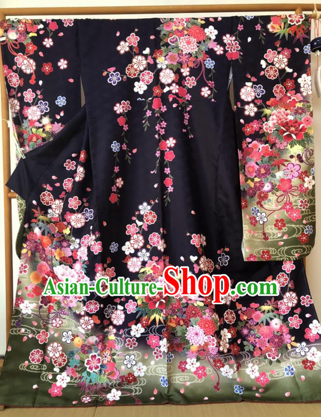 Japanese Traditional Costume Okuni Printing Sakura Peony Black Furisode Kimono Asian Japan Geisha Yukata Dress for Women