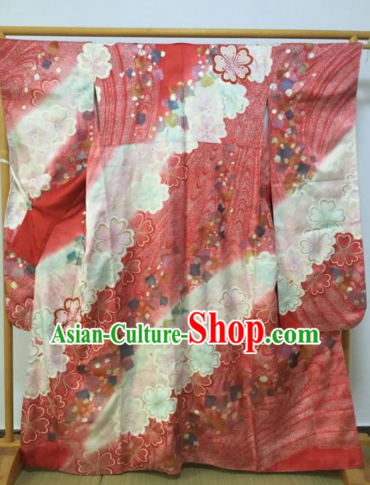 Japanese Traditional Wedding Red Furisode Kimono Asian Japan Geisha Yukata Dress Costume for Women