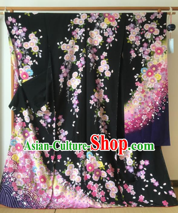 Japanese Traditional Wedding Black Furisode Kimono Asian Japan Geisha Yukata Dress Costume for Women
