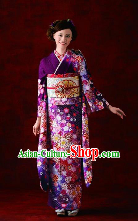Japanese Traditional Purple Furisode Kimono Asian Japan Costume Geisha Yukata Dress for Women