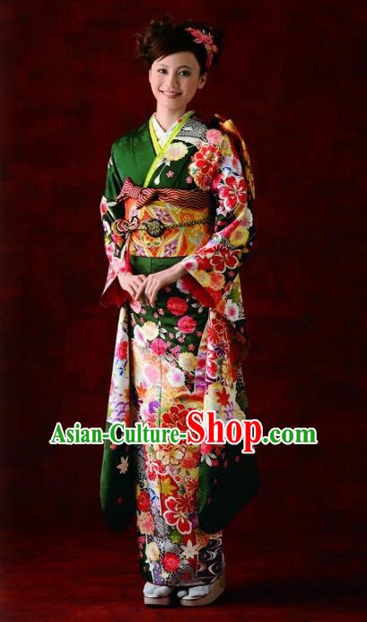 Japanese Traditional Printing Peony Deep Green Furisode Kimono Asian Japan Costume Geisha Yukata Dress for Women
