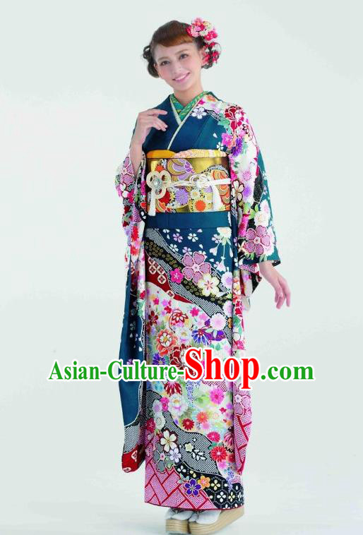 Japanese Traditional Printing Peacock Blue Furisode Kimono Asian Japan Costume Geisha Yukata Dress for Women
