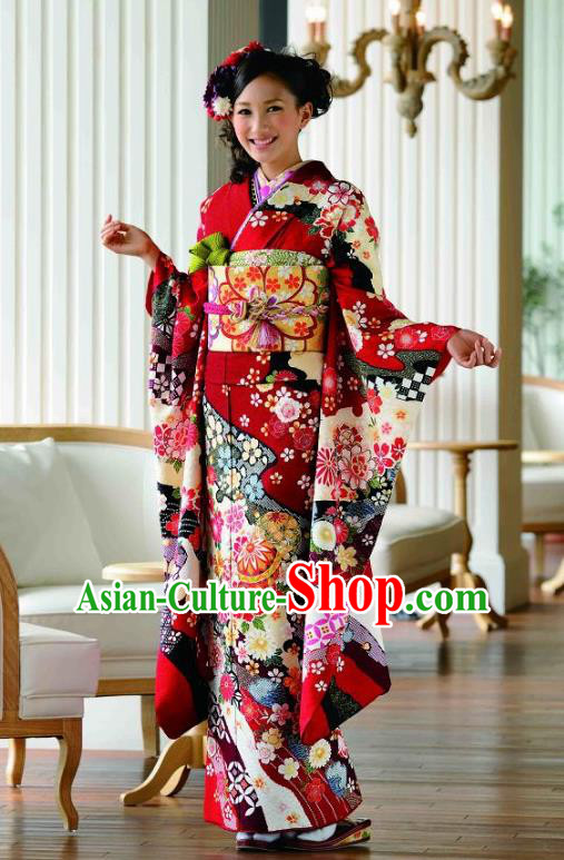 Japanese Traditional Printing Sakura Red Furisode Kimono Asian Japan Costume Geisha Yukata Dress for Women