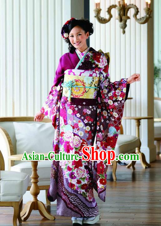 Japanese Traditional Printing Sakura Purple Furisode Kimono Asian Japan Costume Geisha Yukata Dress for Women