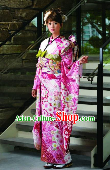 Japanese Traditional Printing Furisode Kimono Asian Japan Costume Geisha Yukata Dress for Women