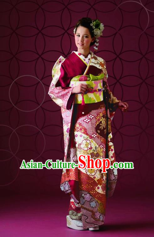 Japanese Traditional Printing Iromuji Wine Red Furisode Kimono Asian Japan Costume Geisha Yukata Dress for Women