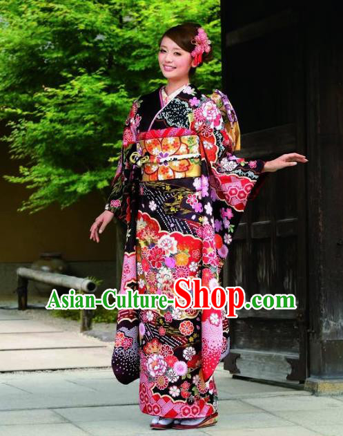 Japanese Traditional Printing Peony Iromuji Black Furisode Kimono Asian Japan Costume Geisha Yukata Dress for Women