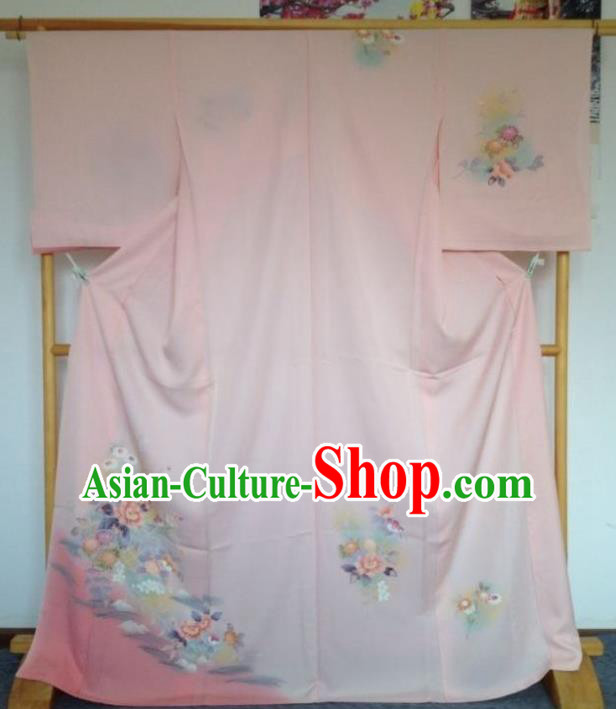 Japanese Traditional Printing Flowers Pink Furisode Kimono Asian Japan Costume Geisha Yukata Dress for Women