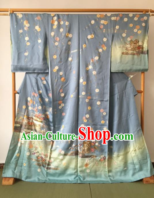 Japanese Traditional Printing Blue Furisode Kimono Asian Japan Costume Geisha Yukata Dress for Women