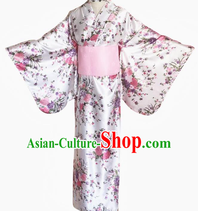 Japanese Traditional Courtesan Printing Flowers White Furisode Kimono Asian Japan Costume Geisha Yukata Dress for Women