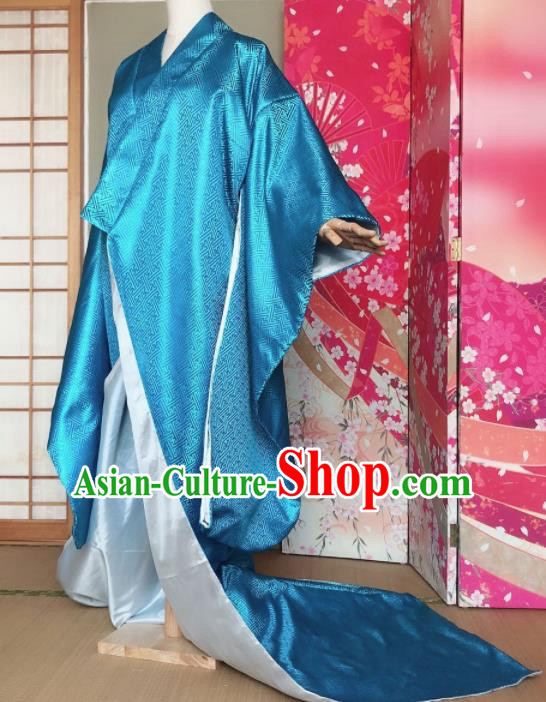 Japanese Traditional Courtesan Blue Furisode Kimono Asian Japan Costume Geisha Yukata Dress for Women